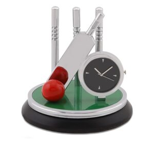 Metal Cricket Kit Clock Table Showpiece, Silver Finish Paper Weight