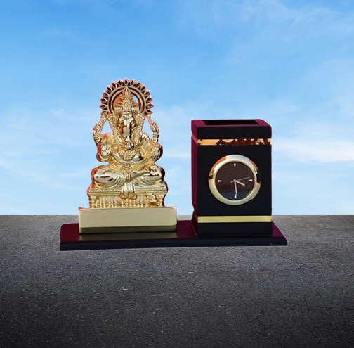 Metal Table Pen Stand Lord Ganesha Idol with Clock