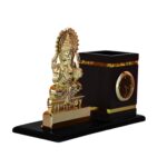 Metal Table Pen Stand Lord Ganesha Idol with Clock