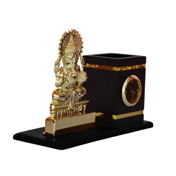 Metal Table Pen Stand Lord Ganesha Idol with Clock