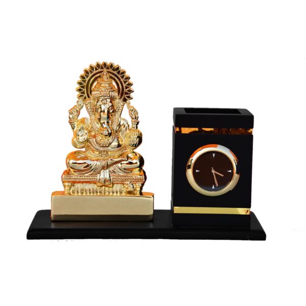 Metal Table Pen Stand Lord Ganesha Idol with Clock
