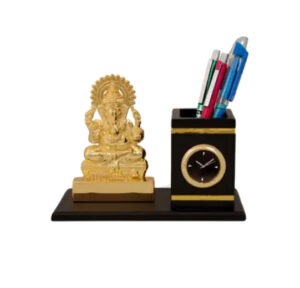 Metal Table Pen Stand Lord Ganesha Idol with Clock