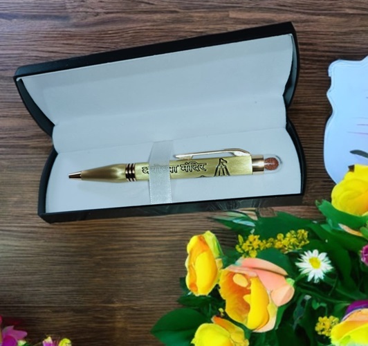 Metal Ball Pen Rudraksh on Top with Ayodhya Mandir Printed & Box