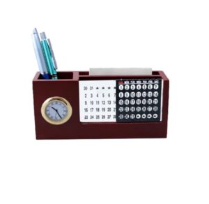 Wooden Desk Organizer with Calendar, Clock and 4 Compartments for Stationery, Mobile and Remote