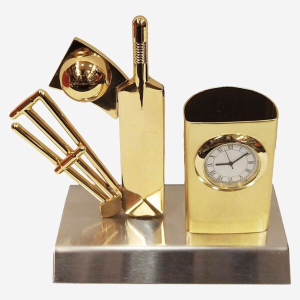 Cricket Clock with Pen Stand in Golden Color