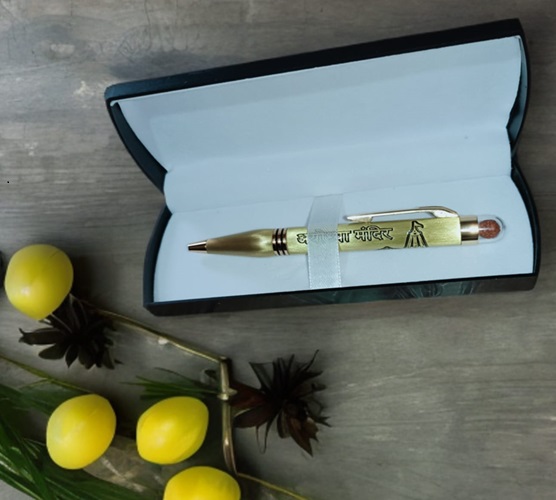 Metal Ball Pen Rudraksh on Top with Ayodhya Mandir Printed & Box